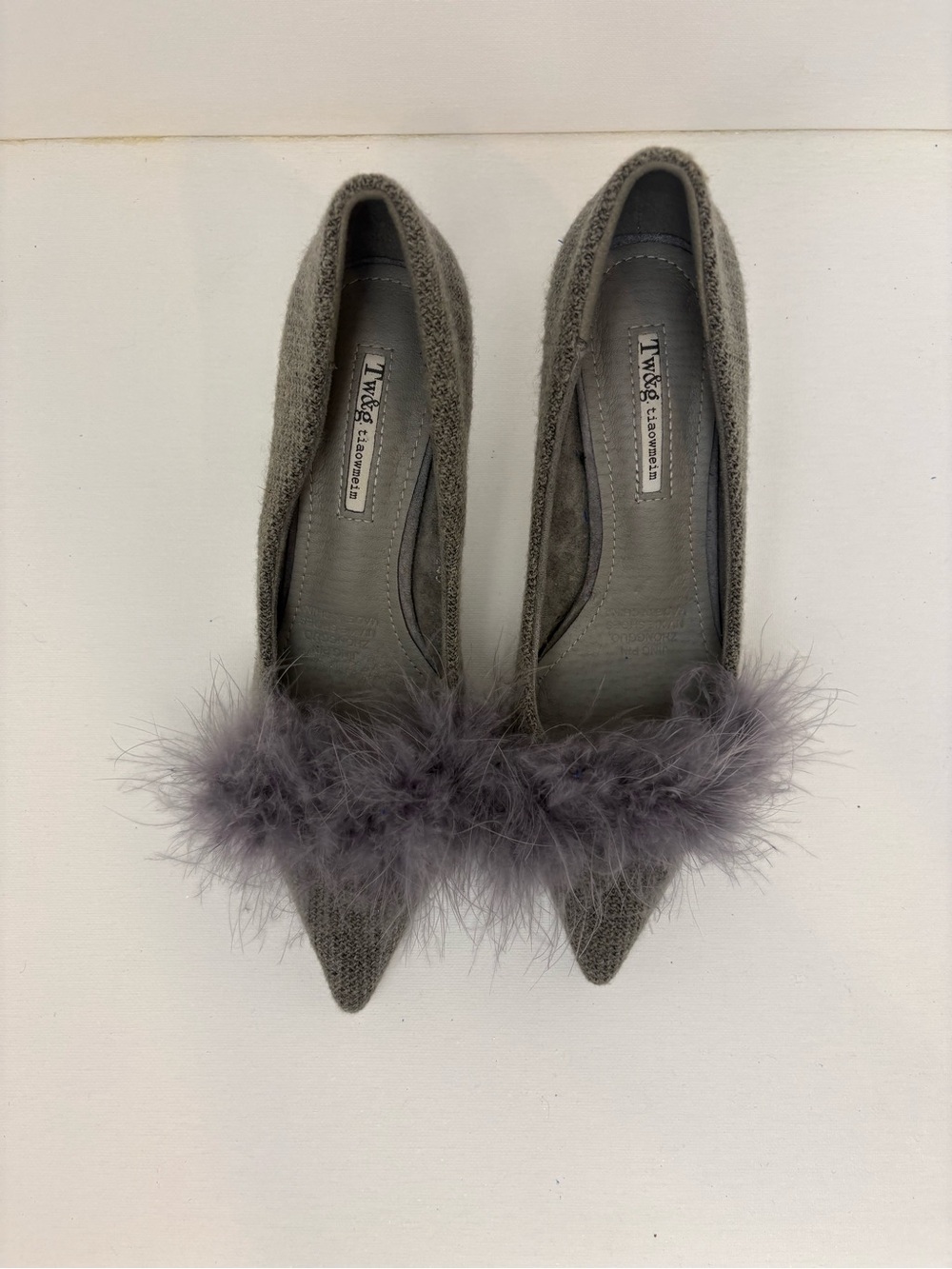 Miu Miu Gray Feather-Trim Pointed Flats US Womens Size 6.5-7.